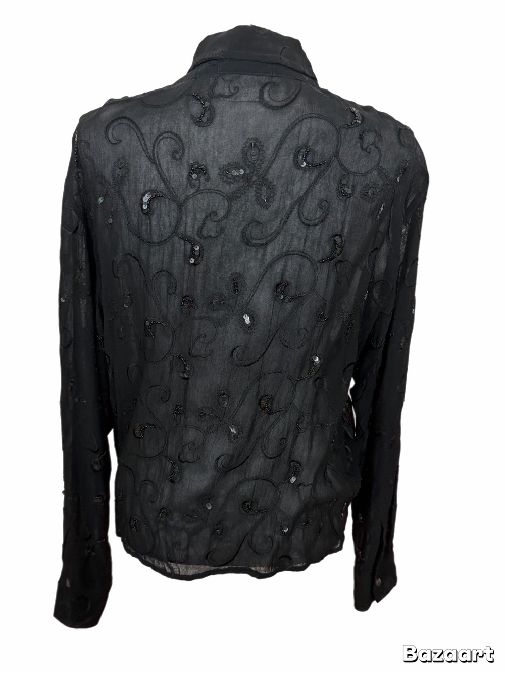 Chicos Sheer Sequin Tie Front Blouse Black Long Sleeve Women’s Size 3 (XL-16) - Picture 4 of 6